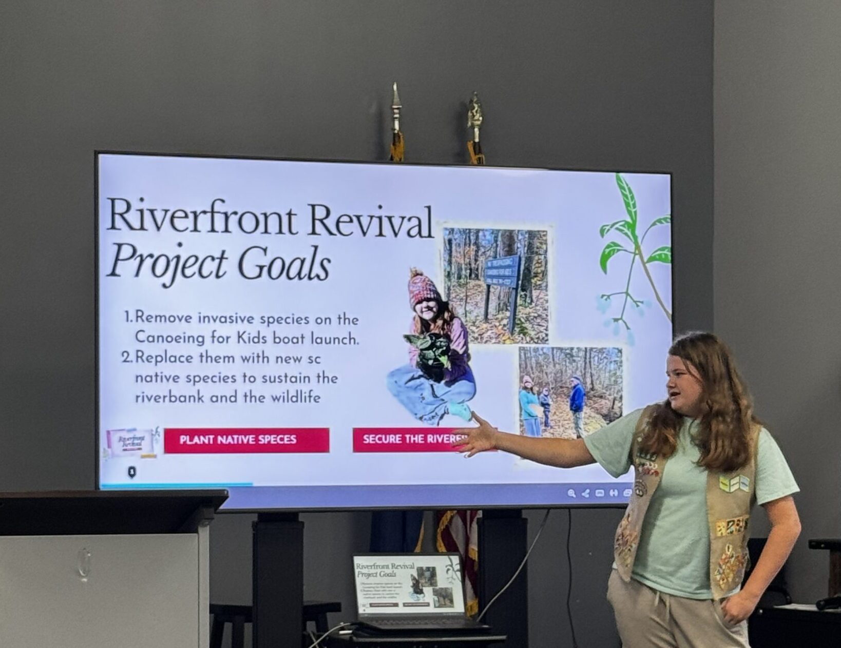 Girl Scout presenting the Riverfront Revival Project proposal to SCNPS Midlands Chapter, a native plant grant recipient in South Carolina.
